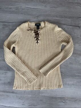 Lauren Ralph Lauren cream Ribbed Lace-Up Sweater size medium silk-linen